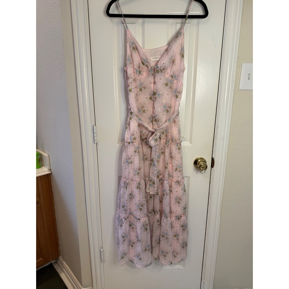 Storia Blush Pink Star Print Maxi Dress M Celestial Tiered Cottagecore Boho - Picture 2 of 8